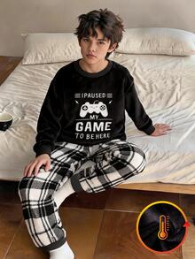 Minimalist Solid Black Flannel Game Console Embroidered Pattern With Plaid Print Plush Pants Men's 2-Piece Home Loungewear Set - Black - View 2