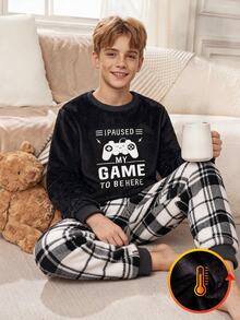 Minimalist Solid Black Flannel Game Console Embroidered Pattern With Plaid Print Plush Pants Men's 2-Piece Home Loungewear Set - Black - View 4