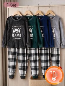 Minimalist Solid Black Flannel Game Console Embroidered Pattern With Plaid Print Plush Pants Men's 2-Piece Home Loungewear Set - Black - View 1