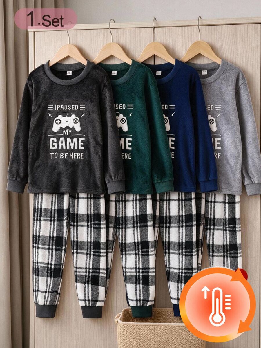 Minimalist Solid Black Flannel Game Console Embroidered Pattern With Plaid Print Plush Pants Men's 2-Piece Home Loungewear Set - Black - View 1