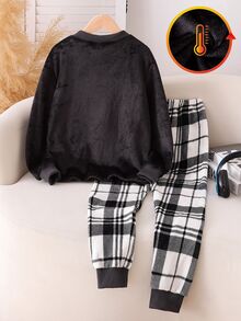 Minimalist Solid Black Flannel Game Console Embroidered Pattern With Plaid Print Plush Pants Men's 2-Piece Home Loungewear Set - Black - View 3