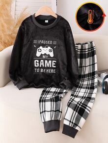 Minimalist Solid Black Flannel Game Console Embroidered Pattern With Plaid Print Plush Pants Men's 2-Piece Home Loungewear Set - Black - View 6
