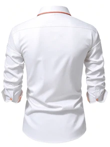 Manfinity Mode Kemeja Pria Lengan Panjang Kasual Saku Kancing Tunggal untuk Perjalanan, Formal, Gaya Klasik - Putih - View 3