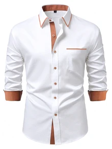 Manfinity Mode Kemeja Pria Lengan Panjang Kasual Saku Kancing Tunggal untuk Perjalanan, Formal, Gaya Klasik - Putih - View 2