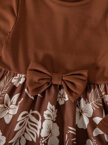 SHEIN Young Girl Patchwork Floral Print Round Neck Long Sleeve Bowknot Decor Dress - Multicolor - View 7