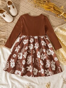 SHEIN Young Girl Patchwork Floral Print Round Neck Long Sleeve Bowknot Decor Dress - Multicolor - View 6