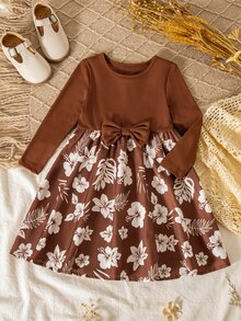 SHEIN Young Girl Patchwork Floral Print Round Neck Long Sleeve Bowknot Decor Dress - Multicolor - View 5