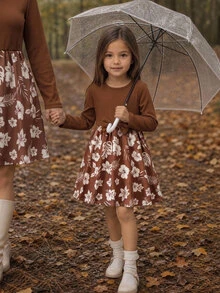 SHEIN Young Girl Patchwork Floral Print Round Neck Long Sleeve Bowknot Decor Dress - Multicolor - View 1
