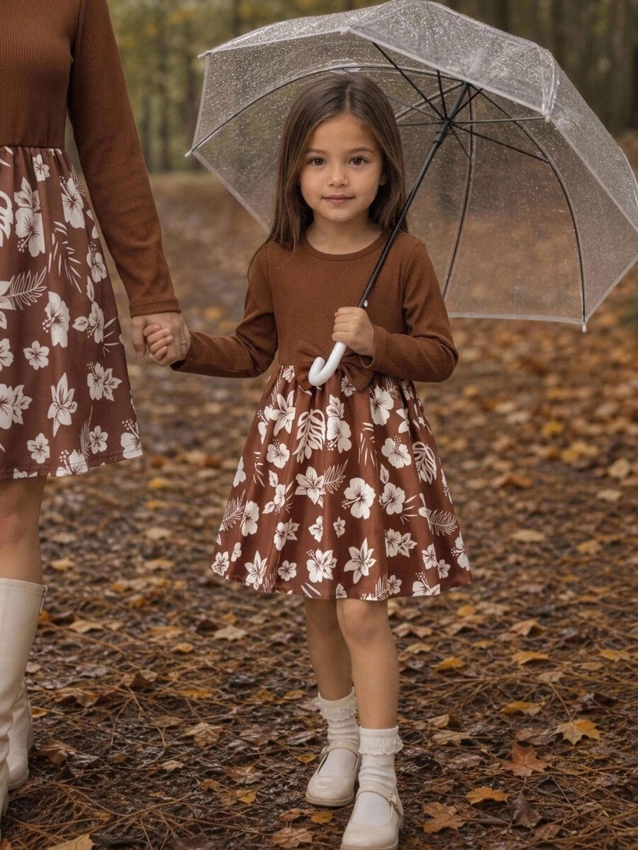 SHEIN Young Girl Patchwork Floral Print Round Neck Long Sleeve Bowknot Decor Dress - Multicolor - View 1