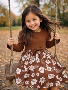 SHEIN Young Girl Patchwork Floral Print Round Neck Long Sleeve Bowknot Decor Dress - Multicolor - View 2