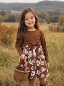 SHEIN Young Girl Patchwork Floral Print Round Neck Long Sleeve Bowknot Decor Dress - Multicolor - View 3