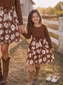 SHEIN Young Girl Patchwork Floral Print Round Neck Long Sleeve Bowknot Decor Dress - Multicolor - View 4