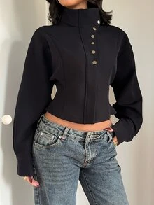 Aloruh 女款素色休閒百搭日常穿著長袖夾克 - 黑色 - 查看 9