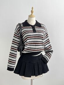 Balvessa Cardigan Sweater Setengah Kancing Bergaris Blok Warna Serbaguna untuk Wanita, Pakaian untuk Perjalanan Sehari-hari, Pullover Musim Gugur/Dingin - MultiWarna - View 7