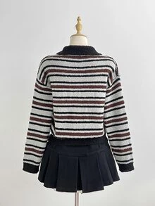 Balvessa Cardigan Sweater Setengah Kancing Bergaris Blok Warna Serbaguna untuk Wanita, Pakaian untuk Perjalanan Sehari-hari, Pullover Musim Gugur/Dingin - MultiWarna - View 3