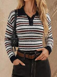 Balvessa Cardigan Sweater Setengah Kancing Bergaris Blok Warna Serbaguna untuk Wanita, Pakaian untuk Perjalanan Sehari-hari, Pullover Musim Gugur/Dingin - MultiWarna - View 4