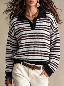 Balvessa Cardigan Sweater Setengah Kancing Bergaris Blok Warna Serbaguna untuk Wanita, Pakaian untuk Perjalanan Sehari-hari, Pullover Musim Gugur/Dingin - MultiWarna - View 2