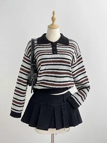 Balvessa Cardigan Sweater Setengah Kancing Bergaris Blok Warna Serbaguna untuk Wanita, Pakaian untuk Perjalanan Sehari-hari, Pullover Musim Gugur/Dingin - MultiWarna - View 5