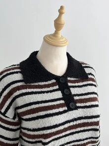 Balvessa Cardigan Sweater Setengah Kancing Bergaris Blok Warna Serbaguna untuk Wanita, Pakaian untuk Perjalanan Sehari-hari, Pullover Musim Gugur/Dingin - MultiWarna - View 9
