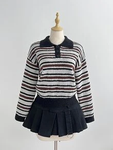 Balvessa Cardigan Sweater Setengah Kancing Bergaris Blok Warna Serbaguna untuk Wanita, Pakaian untuk Perjalanan Sehari-hari, Pullover Musim Gugur/Dingin - MultiWarna - View 6