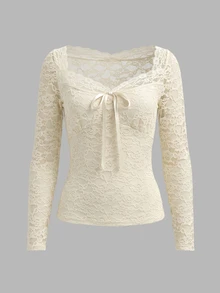 Cévolie Women's Elegant Solid Color Lace Fitted Top - Apricot - View 3