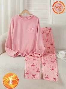 SHEIN 2件組新款毛絨蓮花粉色長袖圓領上衣，含刺繡與粉色蝴蝶結印花長褲，時尚毛絨面料（1套單獨販售） - 粉色 - 查看 2