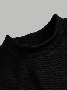Girlism Tween Girl Tween Girls Dresses Autumn/Winter Black Ribbed Knit Patchwork Geometric Pattern Midi Dress, Gigot Sleeve Design - Black and White - View 5