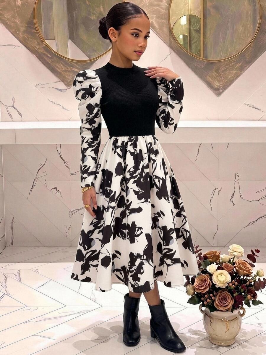 Girlism Tween Girl Tween Girls Dresses Autumn/Winter Black Ribbed Knit Patchwork Geometric Pattern Midi Dress, Gigot Sleeve Design - Black and White - View 1