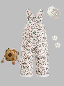 SHEIN Vintaside Kids 1件嬰兒連身褲，復古田園風，滿版碎花，側面蝴蝶結裝飾，可調節肩帶，前口袋，無袖連身設計，捲邊細節，寬鬆版型，適合戶外旅行與日常穿著，春秋季 - 棕色 - 查看 2