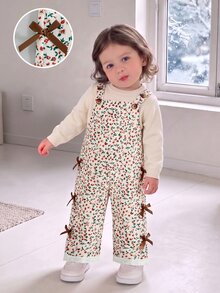 SHEIN Vintaside Kids 1件嬰兒連身褲，復古田園風，滿版碎花，側面蝴蝶結裝飾，可調節肩帶，前口袋，無袖連身設計，捲邊細節，寬鬆版型，適合戶外旅行與日常穿著，春秋季 - 棕色 - 查看 6