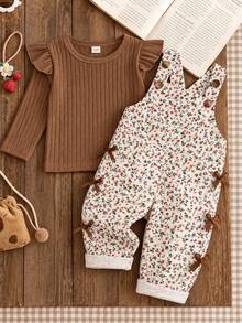 SHEIN Vintaside Kids 1件嬰兒連身褲，復古田園風，滿版碎花，側面蝴蝶結裝飾，可調節肩帶，前口袋，無袖連身設計，捲邊細節，寬鬆版型，適合戶外旅行與日常穿著，春秋季 - 棕色 - 查看 1