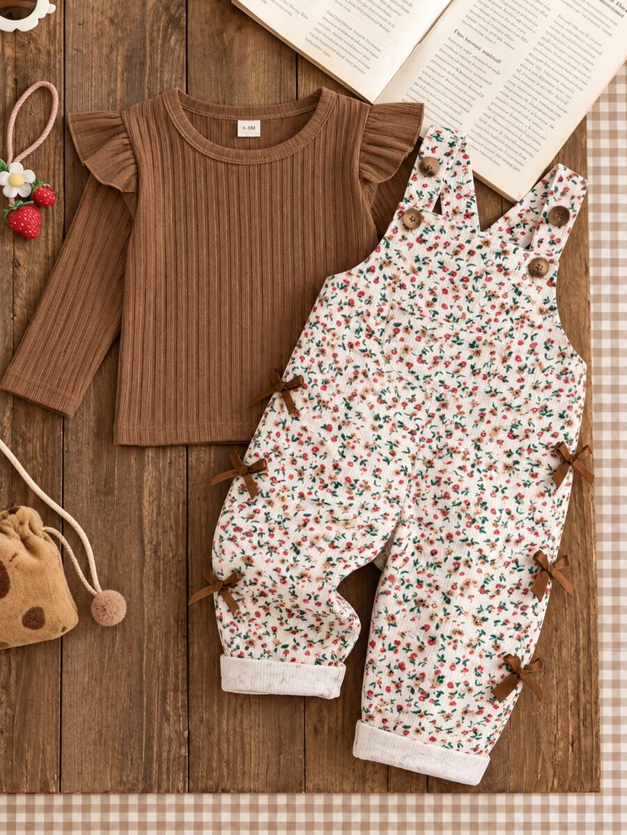 SHEIN Vintaside Kids 1件嬰兒連身褲,復古田園風,滿版碎花,側面蝴蝶結裝飾,可調節肩帶,前口袋,無袖連身設計,捲邊細節,寬鬆版型,適合戶外旅行與日常穿著,春秋季 - 棕色 - 查看 1