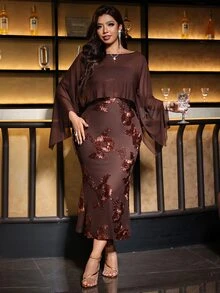 Reflora Plus Size Women's 2 Pieces Set Autumn Elegant Celestial Formal Positioned Print Large Floral Romantic Dinner Party Brown - Brown - View 4
