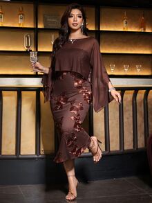 Reflora Plus Size Women's 2 Pieces Set Autumn Elegant Celestial Formal Positioned Print Large Floral Romantic Dinner Party Brown - Brown - View 5