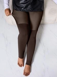 SHEIN Clasi Plus Size Contrast Mesh Thermal Lined Leggings, Autumn/Winter - Brown - View 5