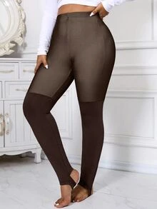 SHEIN Clasi Plus Size Contrast Mesh Thermal Lined Leggings, Autumn/Winter - Brown - View 2