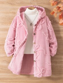 SHEIN Tween Girls Long Sleeve Fleece Fuzzy Bow Hooded Jacket Fluffy Button Up Pink Longline Winter Teddy Coat Outerwear - Pink - View 4