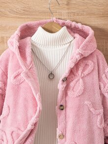 SHEIN Tween Girls Long Sleeve Fleece Fuzzy Bow Hooded Jacket Fluffy Button Up Pink Longline Winter Teddy Coat Outerwear - Pink - View 6