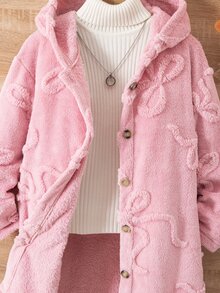 SHEIN Tween Girls Long Sleeve Fleece Fuzzy Bow Hooded Jacket Fluffy Button Up Pink Longline Winter Teddy Coat Outerwear - Pink - View 7