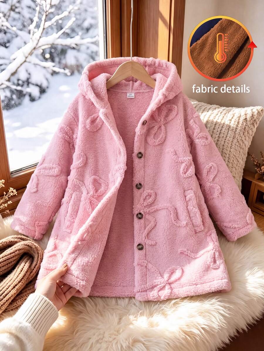 SHEIN Tween Girls Long Sleeve Fleece Fuzzy Bow Hooded Jacket Fluffy Button Up Pink Longline Winter Teddy Coat Outerwear