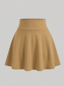 SHEIN 青少年女孩秋季休閒寬鬆工裝純色裙，內含內搭短褲，返校穿搭，百褶設計，日常正式舞會棕色套裝 - 卡其色 - 查看 6