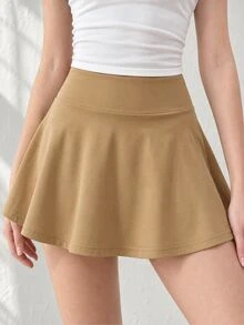 SHEIN 青少年女孩秋季休閒寬鬆工裝純色裙，內含內搭短褲，返校穿搭，百褶設計，日常正式舞會棕色套裝 - 卡其色 - 查看 1