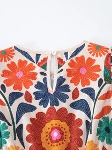 SHEIN Gaun Anak Perempuan Remaja Warna Beige untuk Liburan Musim Panas Gaya Boho Tropis Kasual, Motif Bunga, Leher Bulat, Lengan Pendek, dan Liburan - MultiWarna - View 6