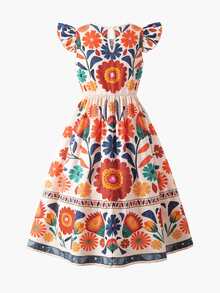 SHEIN Gaun Anak Perempuan Remaja Warna Beige untuk Liburan Musim Panas Gaya Boho Tropis Kasual, Motif Bunga, Leher Bulat, Lengan Pendek, dan Liburan - MultiWarna - View 10