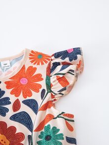 SHEIN Gaun Anak Perempuan Remaja Warna Beige untuk Liburan Musim Panas Gaya Boho Tropis Kasual, Motif Bunga, Leher Bulat, Lengan Pendek, dan Liburan - MultiWarna - View 7