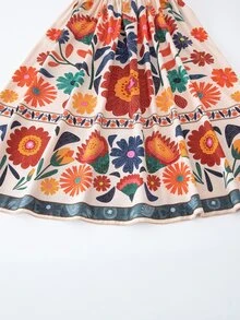 SHEIN Gaun Anak Perempuan Remaja Warna Beige untuk Liburan Musim Panas Gaya Boho Tropis Kasual, Motif Bunga, Leher Bulat, Lengan Pendek, dan Liburan - MultiWarna - View 11
