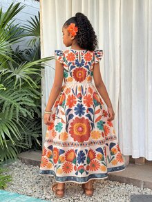 SHEIN Gaun Anak Perempuan Remaja Warna Beige untuk Liburan Musim Panas Gaya Boho Tropis Kasual, Motif Bunga, Leher Bulat, Lengan Pendek, dan Liburan - MultiWarna - View 3