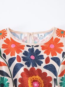 SHEIN Gaun Anak Perempuan Remaja Warna Beige untuk Liburan Musim Panas Gaya Boho Tropis Kasual, Motif Bunga, Leher Bulat, Lengan Pendek, dan Liburan - MultiWarna - View 5