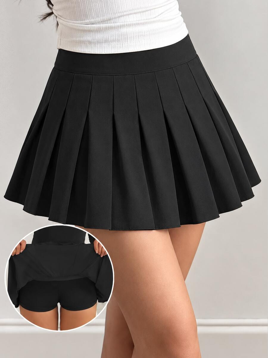 SHEIN Girls' Pleated High Waist Skirt With Built-In Shorts, Fall Clothes,2-In-1 Black All-Match School Back-To-School Autumn Goth Skort Versatile All Seasons - Black - View 1
