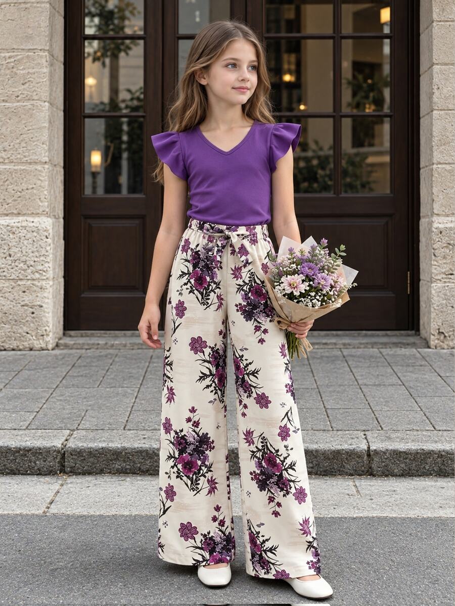 SHEIN Teen Girl Black V-Neck Ruffle Flutter Sleeve Top And Floral Print Wide Leg Long Pants Set, Suitable For Family Outings Party Sixth Form Summer Cute
